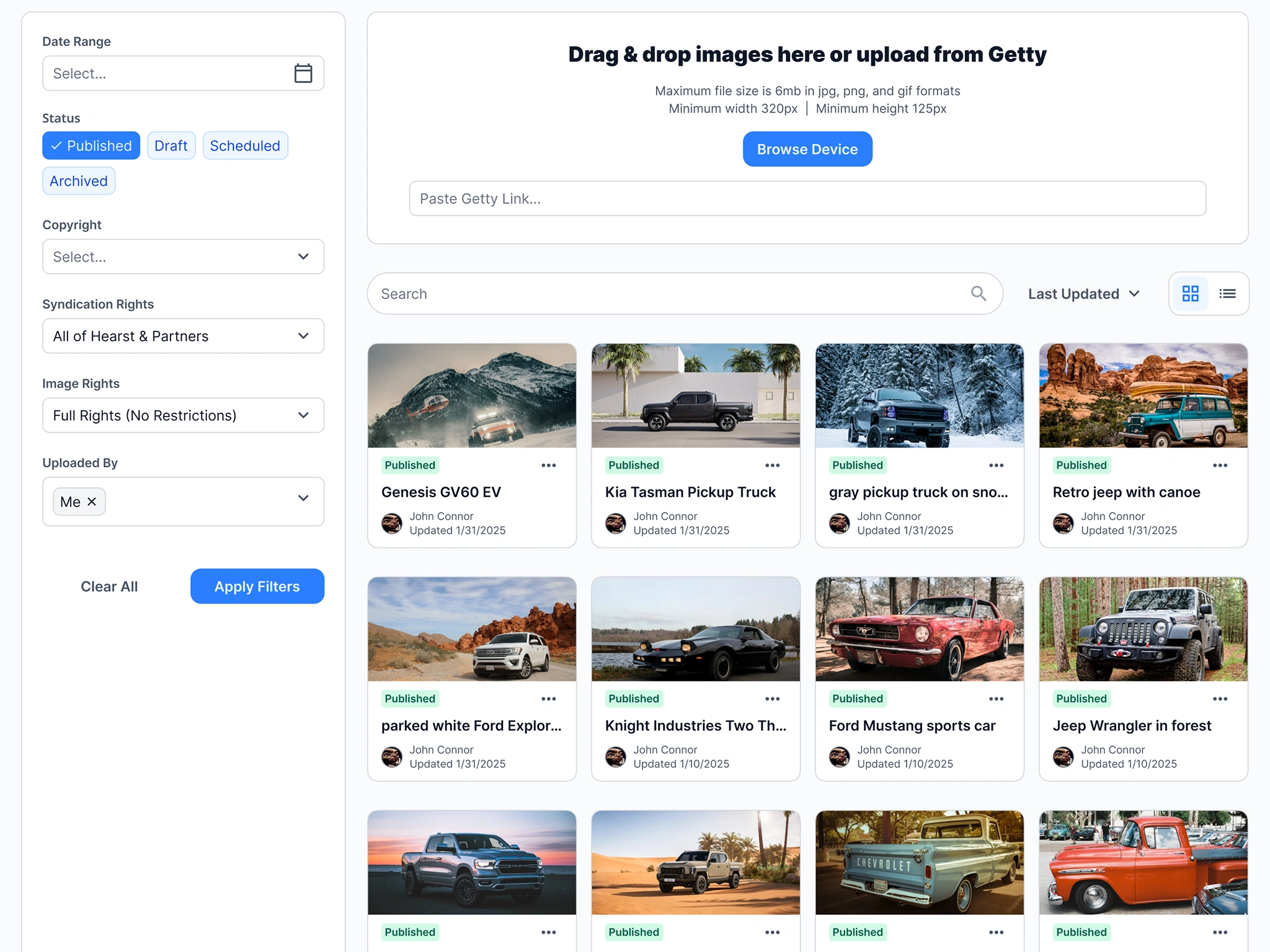 Enhanced search results are now viewable in either a list or grid format. The search filters have been refined based on editor feedback. Instead of using tabs for uploading and searching, everything is here in one view.