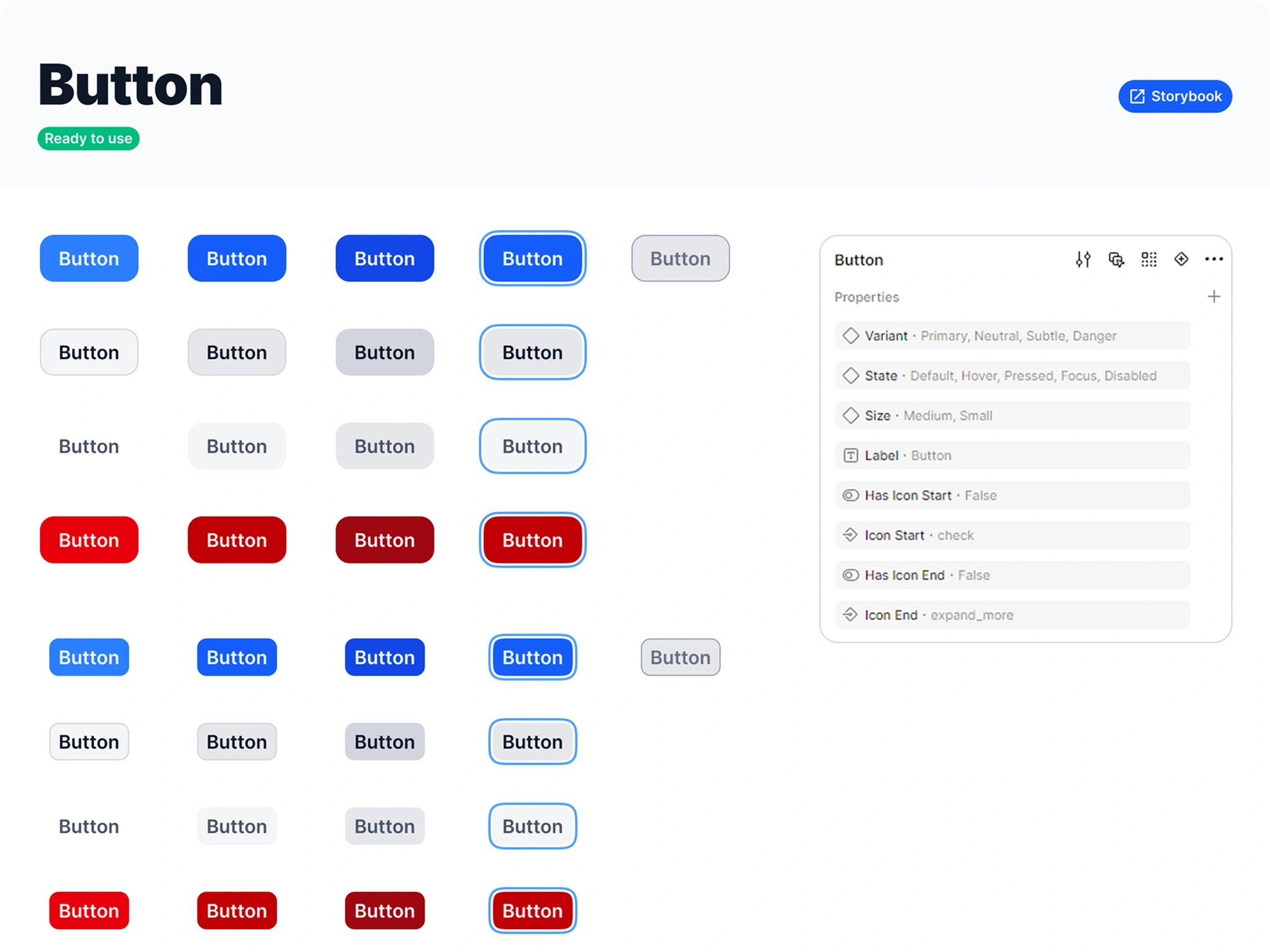 The button component has multiple options like size, icon placement, and more.