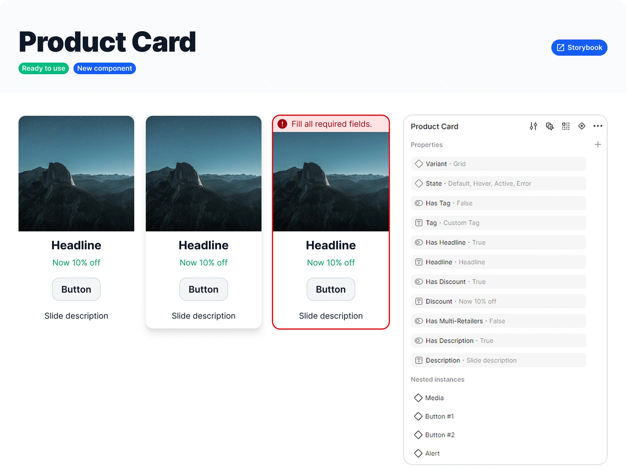 The product card component is versatile and offers many options. You can easily turn various features on or off.