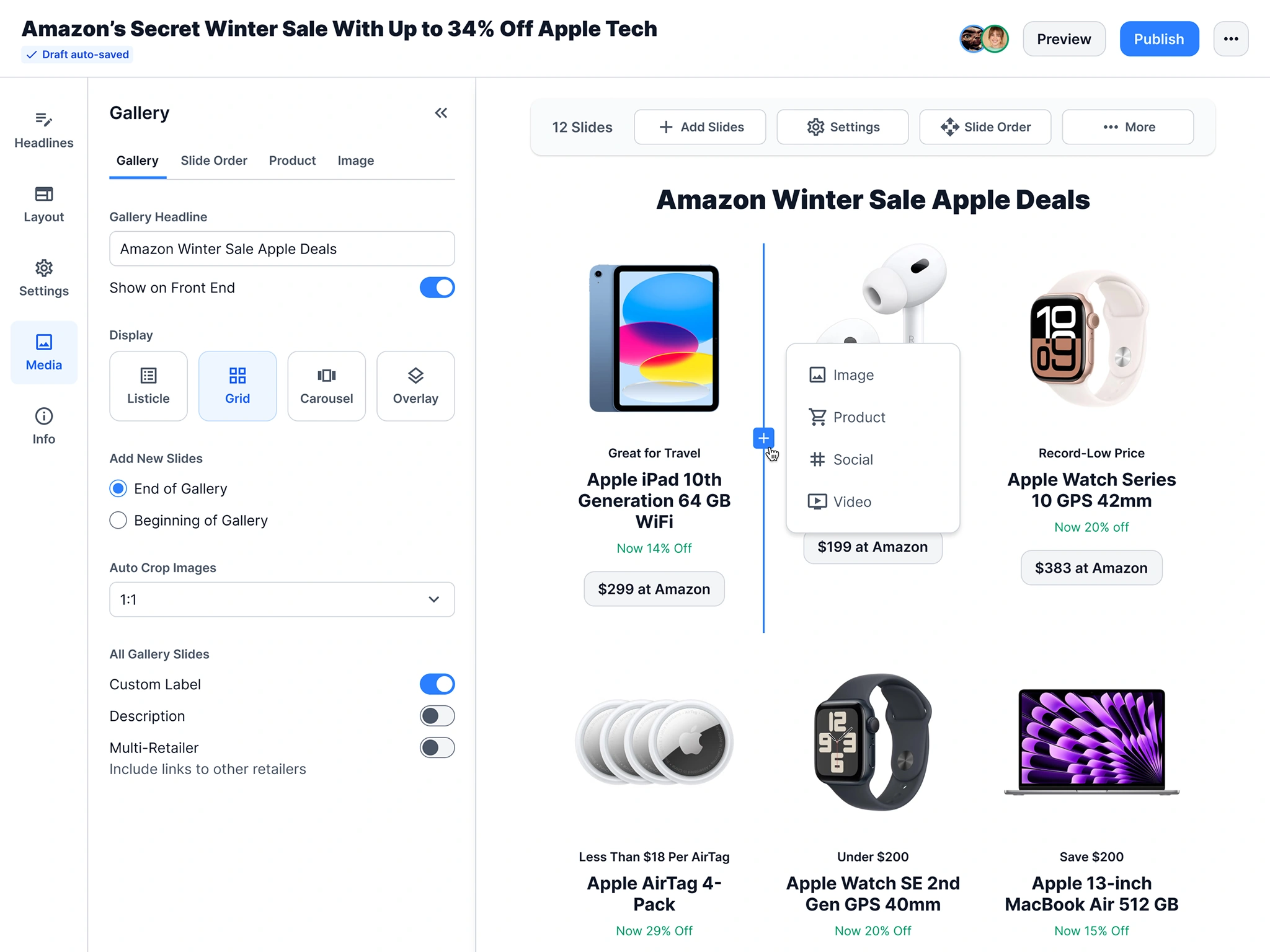 Slides can easily be added anywhere in the gallery.