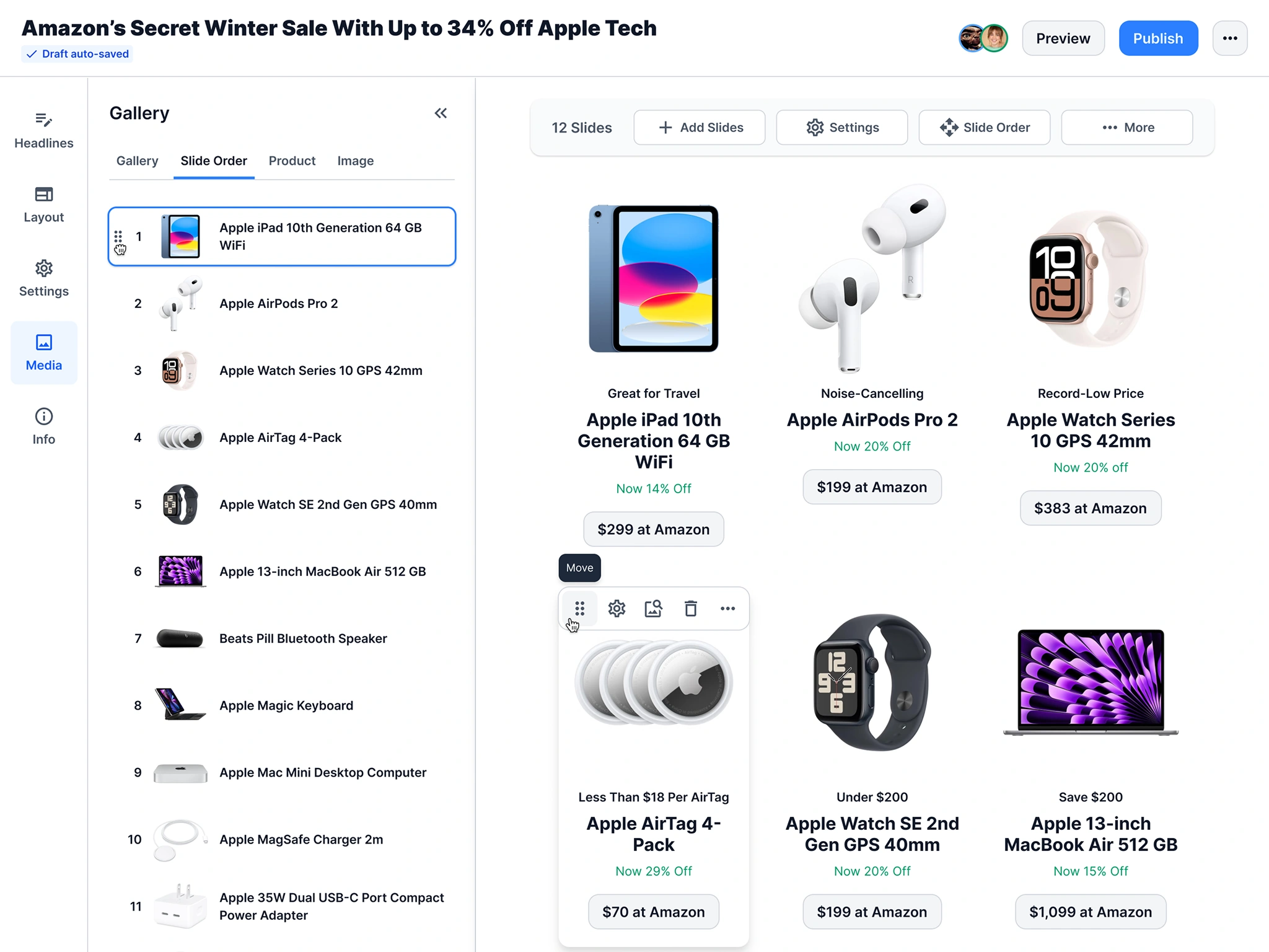 Slides can be rearranged by dragging and dropping. They can be moved in the side panel or directly in the editor.